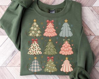 Whimsical Boho Christmas Trees Sweatshirt, Women's Holiday Tree Graphic Crewneck, Preppy Christmas Sweater, Holiday Party Apparel