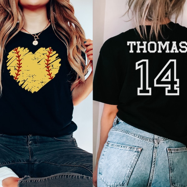 Custom Softball Number Shirt, Personalized Softball Mom Shirt, Softball Fan Shirt, Cute Softball Heart Shirt, Custom Softball Team Shirt