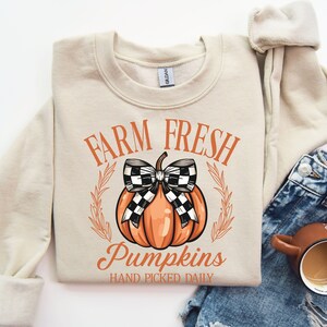 May include: A beige sweatshirt with the text "FARM FRESH Pumpkins HAND PICKED DAILY" and a graphic of an orange pumpkin with a black and white checkered bow.