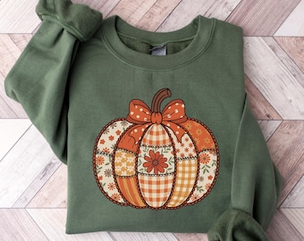 Patchwork Pumpkin Sweatshirt, Women's Preppy Fall Sweater, Thanksgiving Pumpkin Sweatshirt, Pumpkin Season Crewneck, Cute Halloween Gift