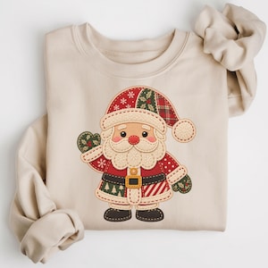 Vintage Folk Santa Claus Crewneck, Faux Patchwork Stiched Santa Pullover, Retro Christmas Sweatshirt, Women's Holiday Sweater