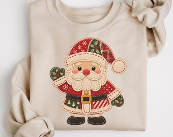 Vintage-Weihnachtspullover mit Weihnachtsmann-Motiv, Patchwork-Optik, Retro-Weihnachtspullover für Damen