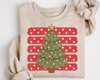 Striped Christmas Tree Sweatshirt, Women's Festive Holiday Sweater, Hand Painted Holiday Tree Crewneck, Coquette Christmas Pullover
