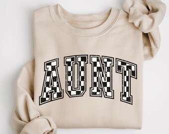Checkered Aunt Sweatshirt, Cute Retro Auntie Crewneck, New Aunt Gift, Pregnancy Announcement, Mothers Day Gift, Trendy Vintage Aunt Sweater