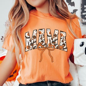 Comfort Colors® Halloween Mama Shirt, Trendy Pumpkin Mom T-Shirt, Cute Fall Mom Tee, Pregnancy Reveal, Gift for New Mom, Halloween Mommy