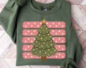 Pink Striped Christmas Tree Sweatshirt, Festive  Holiday Crewneck, Women's Retro Holiday, Pink Christmas Sweater, Cozy Holiday Pullover