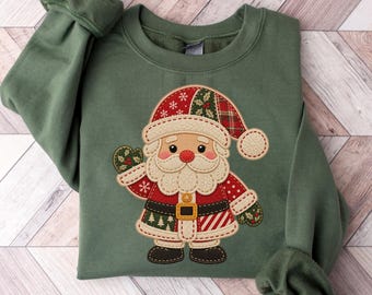 Vintage-Weihnachtspullover mit Weihnachtsmann-Motiv, Patchwork-Optik, Retro-Weihnachtspullover für Damen