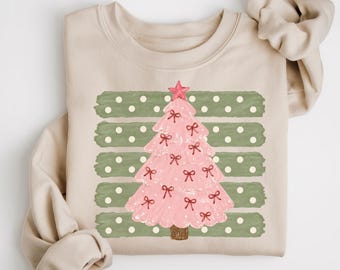 Pink Christmas Tree Sweatshirt, Holiday Striped Crewneck, Women's Retro Festive Sweater, Trendy Pink Christmas Pullover, Cozy Holiday