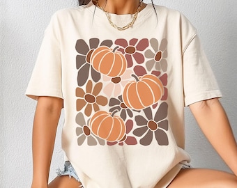 Comfort Colors® Floral Fall Shirt, Womens Boho Fall T-Shirt, Retro Preppy Pumpkin Tee, Trendy Fall Aesthetic, Autumn Vibes Thanksgiving Gift