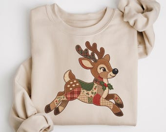 Faux Patchwork Reindeer Sweatshirt, Boho Christmas Holiday Crewneck, Santa's Reindeer Sweater, Women's Festive Pullover