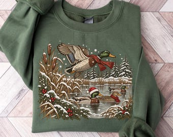 Retro Mallard Duck Christmas Sweatshirt, Vintage Winter Ducks Sweater, Holiday Duck Hunting Gift, Outdoor Wildlife Graphic Crewneck