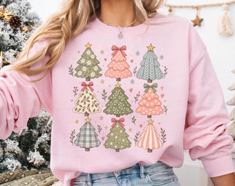 Whimsical Boho Christmas Trees Sweatshirt, Women's Holiday Tree Graphic Crewneck, Preppy Pink Christmas Sweater, Festive Party Apparel