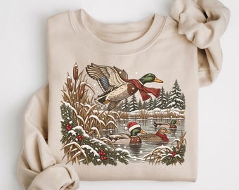 Retro Mallard Duck Christmas Sweatshirt, Vintage Winter Ducks Sweater, Holiday Duck Hunting Gift, Outdoor Wildlife Graphic Crewneck
