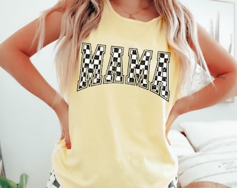 Checkered Mama Tank Top, Comfort Colors Mom Tank, Gift for Mom, Summer Mama Top, Trendy Mom Tank, Mother's Day Gift, Mom Beach Shirt
