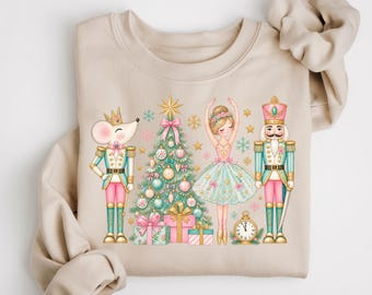 Nutcracker Christmas Tree Sweatshirt, Festive Ballerina Crewneck, Women's Holiday Nutcracker Toy Soldier Sweater, Dancer Winter Gift