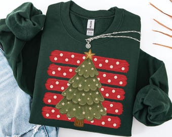 Striped Christmas Tree Sweatshirt, Women's Festive Holiday Sweater, Hand Painted Holiday Tree Crewneck, Coquette Christmas Pullover