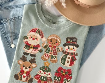 Faux Patchwork Christmas Characters T-Shirt, Women's Holiday Festive Tee, Santa Gingerbread Snowman Reindeer Shirt, Tis the Season