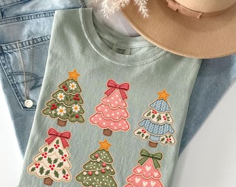 Whimsical Faux Patchwork Christmas Trees T-Shirt, Cute Holiday Tree Pattern, Women's Festive Graphic Tee, Pink Holiday Shirt