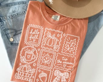 Comfort Colors Autumn Patchwork Doodle Tee,  Hello Fall T-Shirt, Tis the Season Pumpkin Shirt, Women's Cozy Season Gift