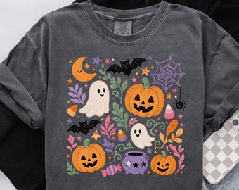 Camiseta floral de Halloween de Comfort Colors, camiseta para la temporada de Halloween, camiseta gráfica de Halloween de estilo preppy, regalo de otoño moderno para mujer, temporada de calabazas