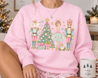 Nutcracker Christmas Tree Sweatshirt, Festive Ballerina Crewneck, Women's Holiday Nutcracker Toy Soldier Sweater, Dancer Winter Gift