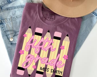 Comfort Colors® Fifth Grade Teacher Shirt, Custom Pencil Striped 5th Grade Tee, Matching Team T-shirts, Personalized Back to School Gift