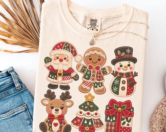 Faux Patchwork Christmas Characters T-Shirt, Women's Holiday Festive Tee, Santa Gingerbread Snowman Reindeer Shirt, Tis the Season