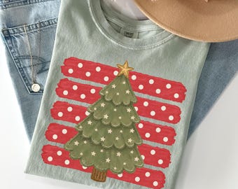 Comfort Colors Christmas Tree Shirt, Festive Striped Holiday T-shirt, Christmas Graphic Tee, Women's Matching Holiday, Coquette Holiday Tree