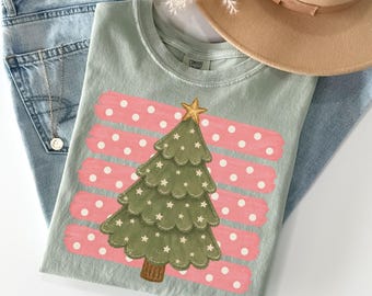 Comfort Colors Pink Christmas Tree Tee, Polka Dot Striped Christmas T-Shirt, Festive Holiday Shirt, Matching Women's Holiday Attire