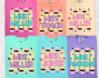 Comfort Colors® Custom Teacher Shirt, Personalized Pencil Striped Name Tee, Grade Level Tshirt, Teacher Appreciation Gift, Back to School