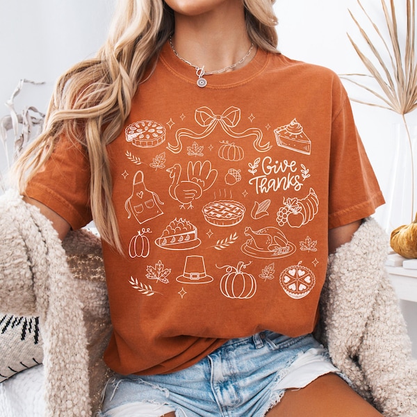 Comfort Colors Thanksgiving Doodle Shirt, Give Thanks TShirt, Fall Thankful Tee, Women's Autumn Gift, Pumpkin Pie Shirt, Fall Harvest Tee