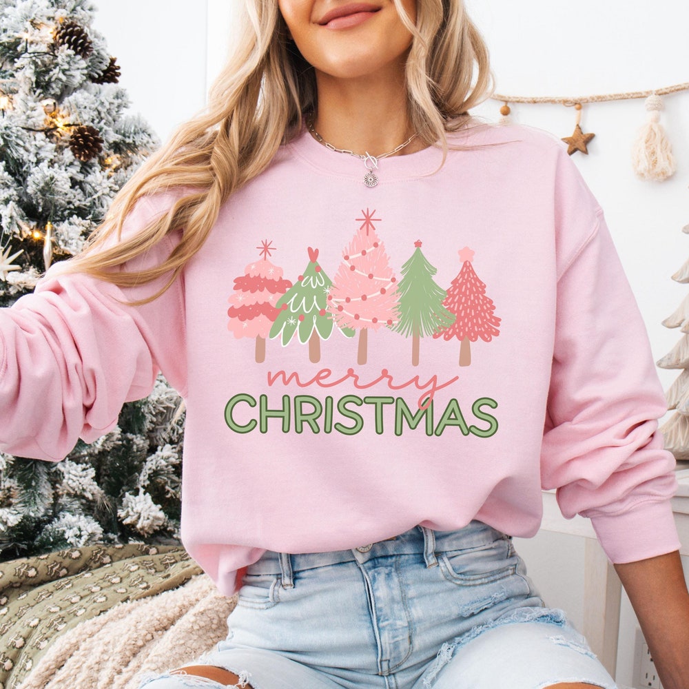 Pink Christmas Shirt Pink Tree Christmas Sweatshirt, Pink Christmas Sweater, Merry Christmas Pink Tree Sweatshirt, Womens Holiday Shirt, Cute Christmas Sweater Pink Christmas Men Women Rugify