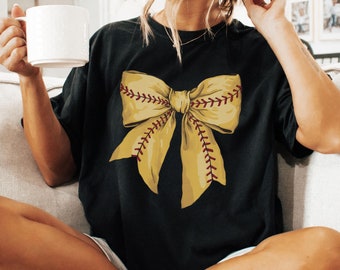 Comfort Colors Softball Mom Shirt, Softball Bow Tee, Women's Softball Gift, Coquette Softball Sports Mom, Softball Fan Shirt, Game Day Tee
