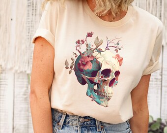 Floral Skull Boho Shirt, Goblincore Shirt, Cute Spooky Shirt, Bloom Skull Halloween Tee, Cottagecore Halloween Gift, Botanical Skull Shirt