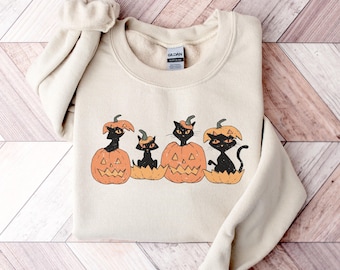 Retro Halloween Sweatshirt, Black Cat Pumpkin Sweater, Jack o Lantern Crewneck, Halloween Party, Spooky Season, Black Cat Halloween