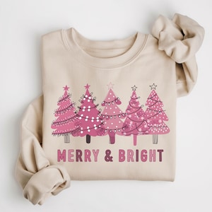 Pink Christmas Tree Sweatshirt, Christmas Sweater, Merry and Bright Holiday Crewneck, Cute Winter Sweatshirt, Women&#39;s Holiday Party Shirt