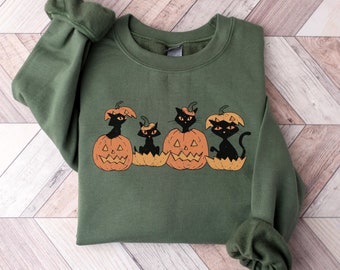 Retro Halloween Sweatshirt, Black Cat Pumpkin Sweater, Jack o Lantern Crewneck, Halloween Party, Spooky Season, Black Cat Halloween