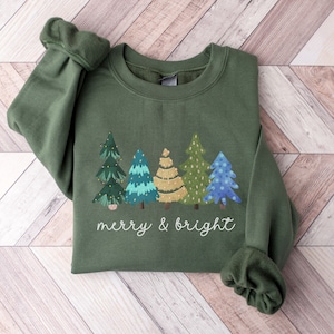 Green Christmas Tree Sweatshirt, Women Christmas Sweatshirts, Christmas Holiday Crewneck, Merry and Bright Sweatshirt, Cute Holiday Sweater