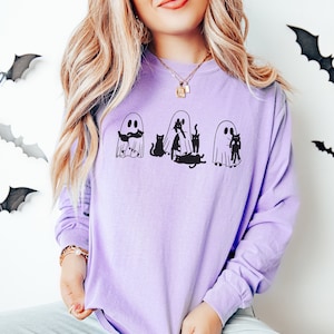 Long Sleeve Halloween Shirt, Comfort Colors ghost Shirt, Ghost and Black Cat Shirt, Purple Halloween Tee, Spooky Shirt, Black Cat Tshirts