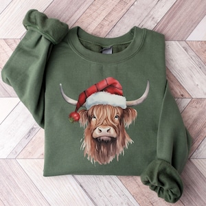 Highland Cow Christmas Sweatshirt, Cow Santa Sweater, Farm Christmas Shirt, Western Sweatshirt, Christmas Cow Crewneck, Farmer Holiday Gift