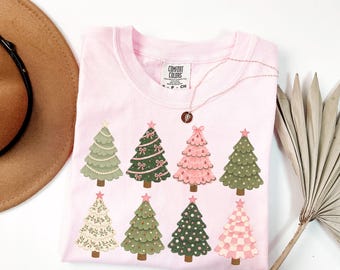 Comfort Colors Whimsical Christmas Trees T-shirt, Cute Holiday Tree Tee, Women's Festive Gift, Pink Holiday Shirt