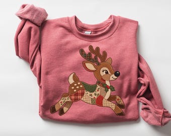Faux Patchwork Reindeer Sweatshirt, Boho Christmas Holiday Crewneck, Santa's Reindeer Sweater, Women's Festive Pullover
