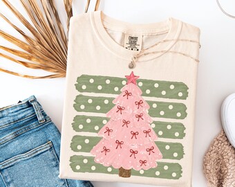 Comfort Colors Pink Christmas Tree Tee, Striped Holiday T-shirt, Women's Coquette Pink Tree Shirt, Holiday Party Gift, Festive Winter Top