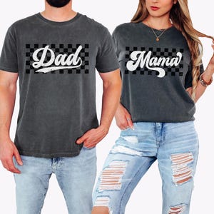 Checkered Mama and Dad  Shirts, Comfort Colors Dad and Mom Tee, New Dad Shirt, New Mom and Dad gift, Pregnancy Reveal, Mama to Be Gift