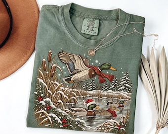 Comfort Colors Retro Mallard Ducks Christmas T-shirt, Vintage Flying Duck Winter Scene Shirt, Holiday Duck Hunting Tee, Nature Lover Gift
