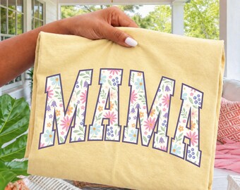 Wild Flower Mama T-shirt, Comfort Colors Trendy Varsity Mama Tee, Motherhood Shirt, Gift for New Mom, Pregnancy Reveal, Baby Shower Tee