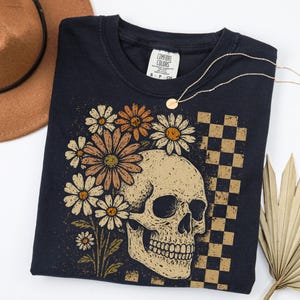 Comfort Colors® Floral Vintage Skull Shirt, Retro Halloween TShirt, Womens Spooky Season Tee, Trendy Preppy Halloween Skull Tshirt, Fall Tee