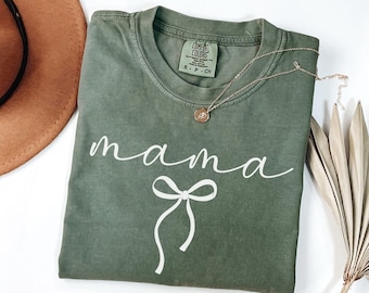 Comfort Colors® Mama Bow Shirt, Fall Mom T-Shirt, Minimalist Coquette Mama Tee, Mother's Day Gift, Gift for New Mom, Pregnancy Reveal Tshirt