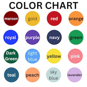 May include: Colour chart with 16 different colours, including maroon, gold, red, orange, royal blue, purple, navy blue, green, dark green, light blue, yellow, pink, teal, peach, sky blue, and lavender.