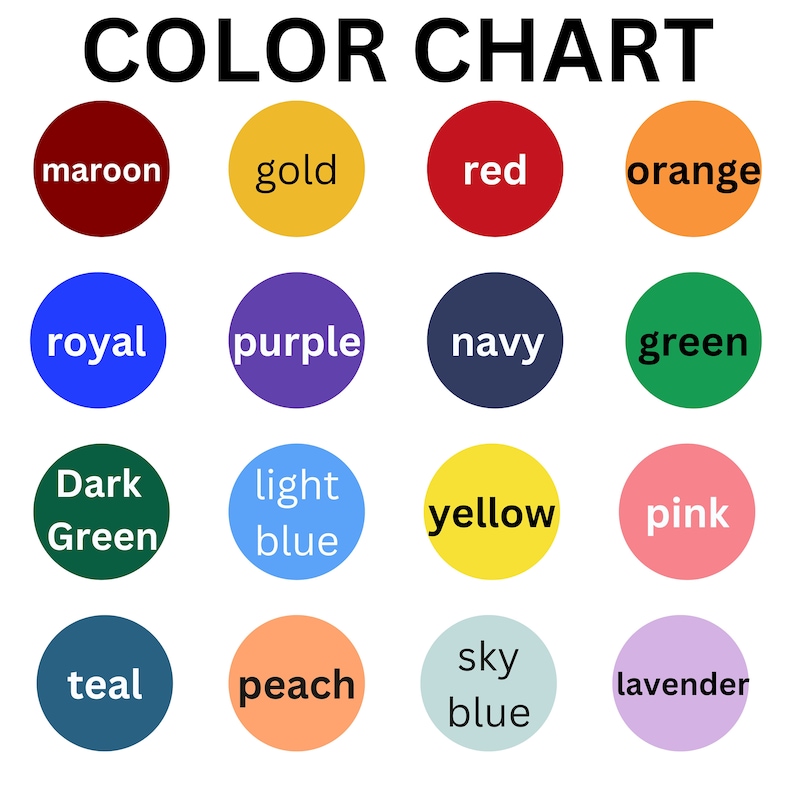 May include: Colour chart with 16 different colours, including maroon, gold, red, orange, royal blue, purple, navy blue, green, dark green, light blue, yellow, pink, teal, peach, sky blue, and lavender.